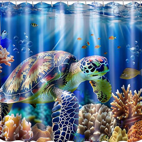 Ocean Life Shower Curtain Turtle And Coral Reef Design Underwater Scene