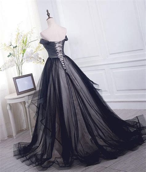 Cap Shoulder A Line Sexy Black Tulle Wedding Dress Evening Dress Full