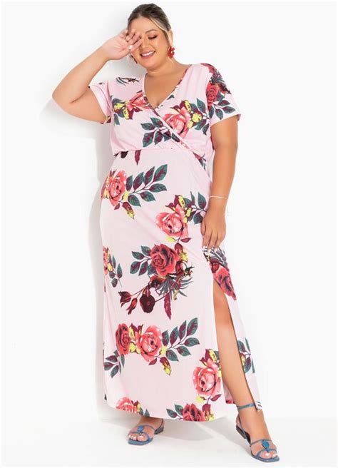 Vestido Floral Rosa Com Fenda Na Barra Plus Size Marguerite