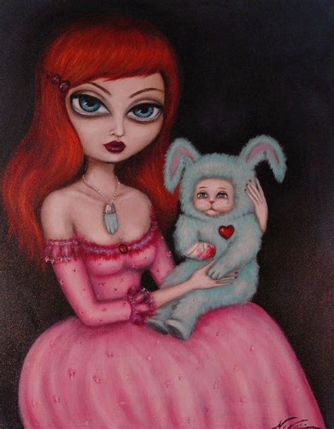 Lucky Big Eye Gothic Victorian Girl With Bunny Giclee Print By Nina