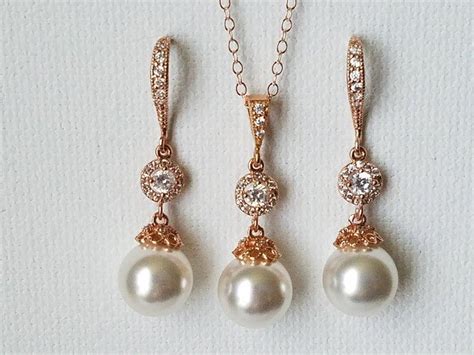 Pearl Rose Gold Bridal Jewelry Set Swarovski White Pearl Earrings