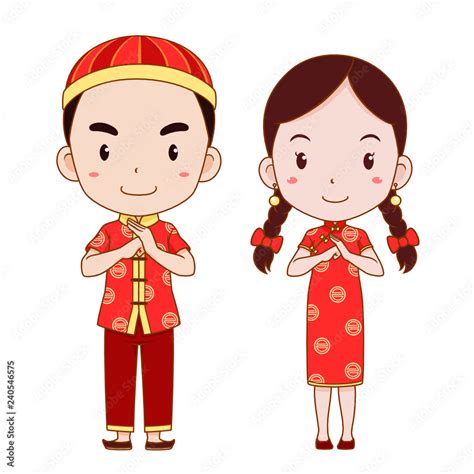 Happy Chinese new year with cute couple cartoon in Chinese traditional ...