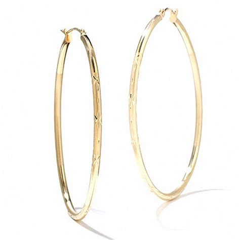 14k Gold 47mm Satin And Diamond Cut Hinged Hoop Earrings Peoples Jewellers