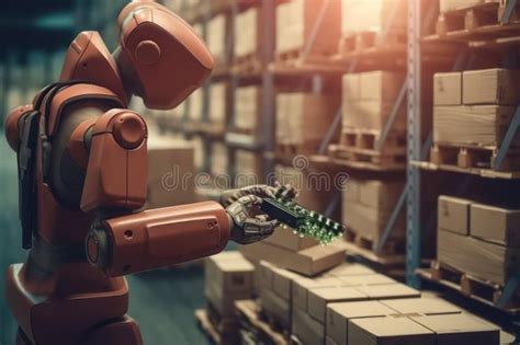 The Future Logistics Robot Working In The Box Warehouse With Ai