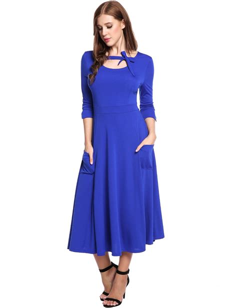 Acevog Womens Round Neck Casual Fit And Flare Tunic Midi Dress Blue S Blue Midi Dress Midi