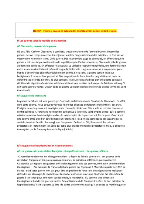 Hggsp Formes et enjeux et acteurs des conflits armés depuis le XVII e