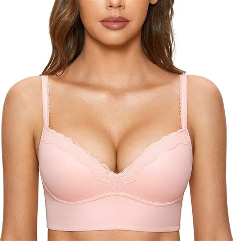 Dobreva Womens Push Up Bra Padded Wireless Floral Lace Bralette Longline Support Bras Peachy