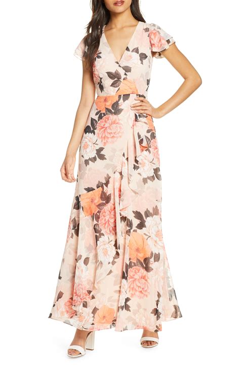 Peach Floral Short Sleeve Maxi Dress Springoutfit Springdresses Weddingguest Dresses