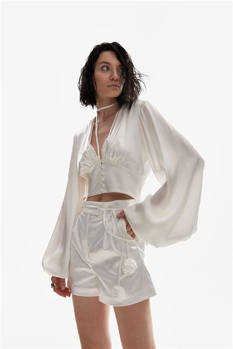 Ample Sleeve Satin Top In White Lita Couture