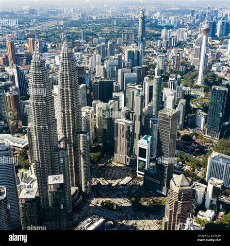 Aerial view of the Kuala Lumpur city skyline with the Petronas Twin ...