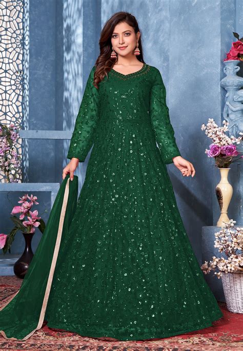 Green Net Embroidered Long Anarkali Suit