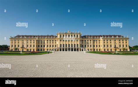 Panorama of Schönbrunn Palace main facade View from Palace Park at a