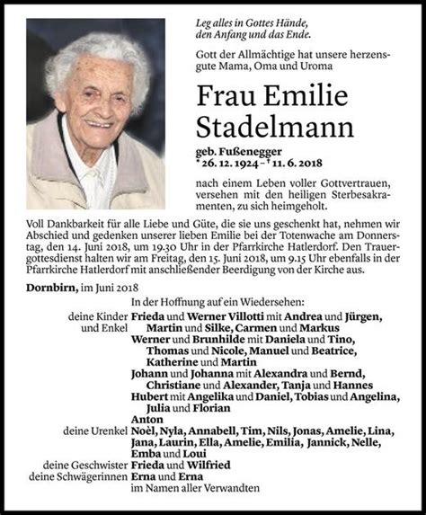 Todesanzeigen Von Emilie Stadelmann Todesanzeigen Vorarlberger