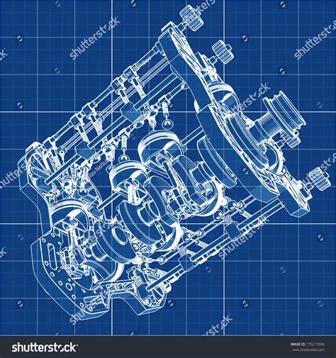 V8 Car Engine Cad Cartoon White Drawing On Blue Background Illustration