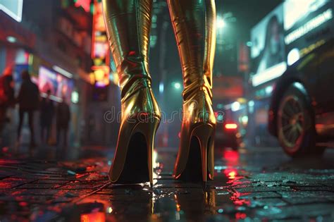 Golden High Heels On Wet City Streets At Night Fashion And Urban Vibes