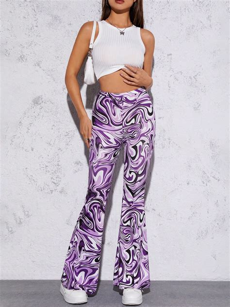 Shein Petite Marble Print Flare Leg Trousers Shein Uk