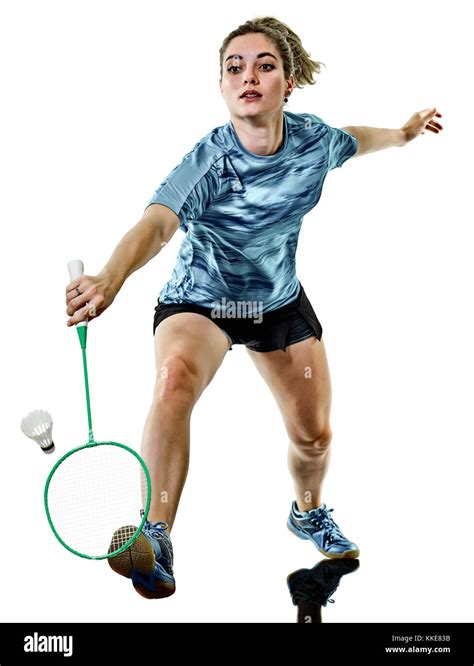 One Caucasian Young Teenager Girl Woman Playing Badminton Player