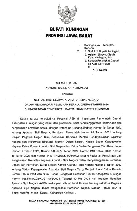 Pj Bupati Kuningan Keluarkan Surat Edaran Netralitas ASN