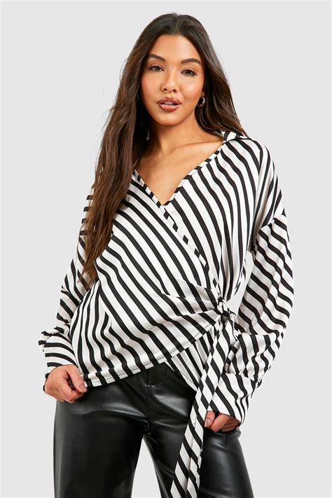 Cream Mono Satin Stripe Wrap Front Tie Waist Shirt Boohoo Uk