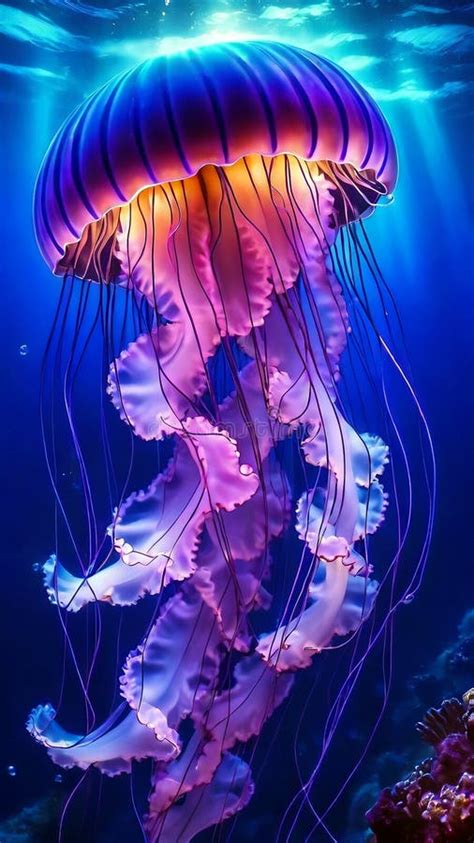 Glowing Neon Jellyfish With Long Tentacles Swims Underwater Stock