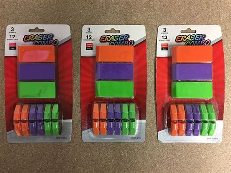 Eraser Combo Pack 3 Erasers 12 Eraser Caps Multicolor Lot Of 3