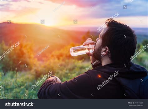 Man Drinking Water Nature Mountains Images Stock Photos