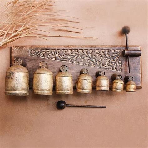 7 Musical Copper Bells Mounted On Carved Wood Handcrafted By Tribals