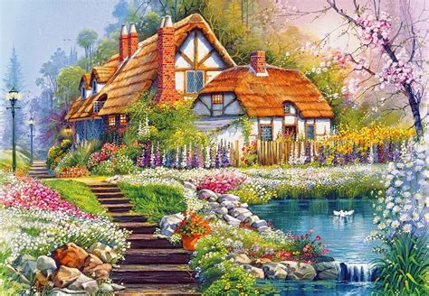 Beautiful House With Stone Steps And Pond Online Puzzle