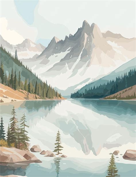 Premium Vector | A watercolor of mountains and lake landscape