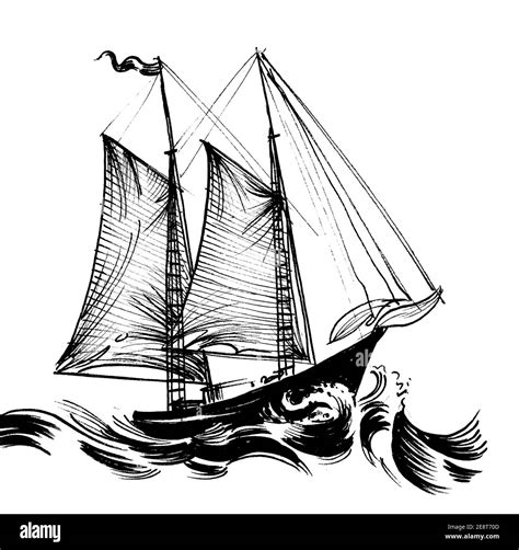 Velero En El Mar Tempestuoso Dibujo En Blanco Y Negro De Tinta