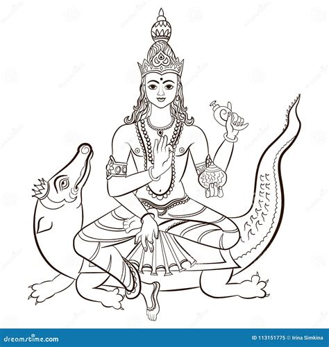 Hindu God Varuna Sitting On The Crocodile. Vector Illustration. | CartoonDealer.com #113151775