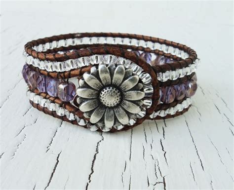 Leather Cuff Bracelet Purple And Silver Beaded Wrap Cuff Country