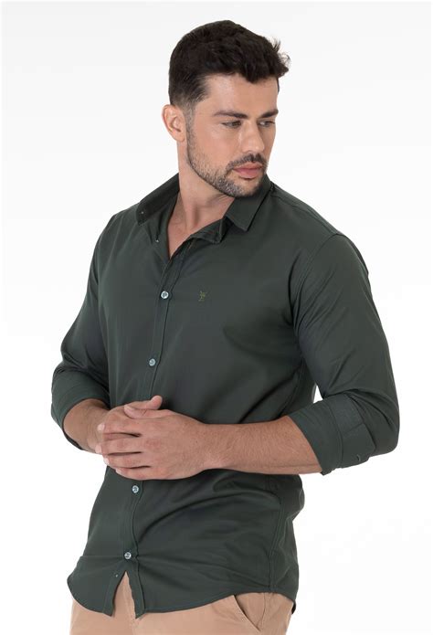 Camisa Social Masculina Manga Longa Verde Militar