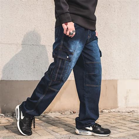 Mens Jeans Plus Size 30 46 Denim Cargo Pants Mens Straight Jean Pants Casual Relax Loose Fit