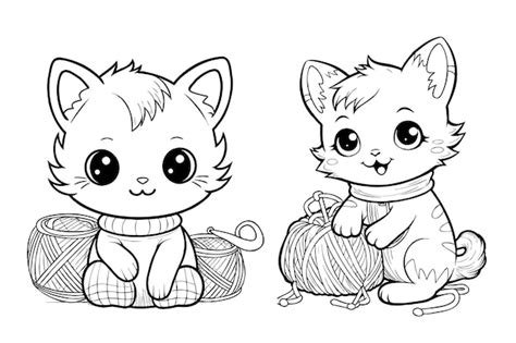 Coloring Page Kawaii Kittens AI Generated Vector