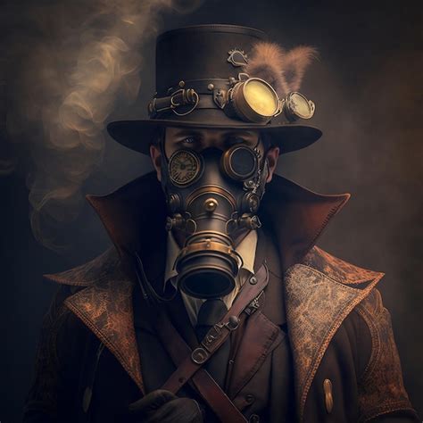 Premium AI Image | A man donning a steampunk hat and a longfiltered steampunk mask depicted in ...