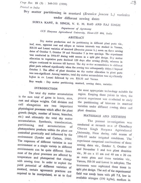 PDF Dry Matter Partitioning In Mustard Brassica Juncea Varieties