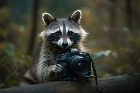 A Raccoon Using A Camera In Front Of A Blurry Background