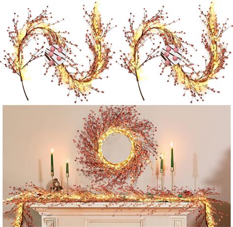 Amazon Riceshoot 2 Sets Christmas Berry Garland With Lights 6 Ft