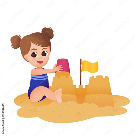 Little Girl Child Builds A Sand Castle On The Beach Vector Illustration