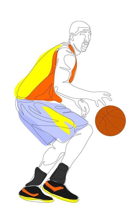 Continuous One Line Drawing Of Basketball Player Dribbling And Holding