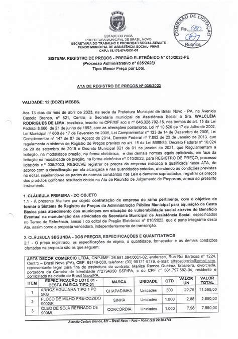 ATA DE REGISTRO DE PREÇOS PE SRP 010 2023 Prefeitura Municipal de