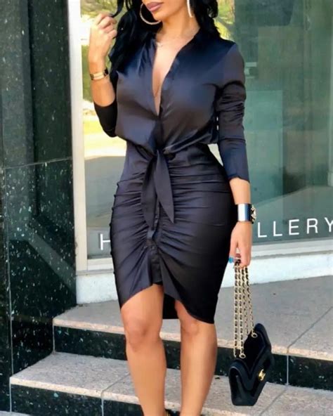 Long Sleeve Elegant Skinny Office Lady Mini Dress For Women Sexy Deep V