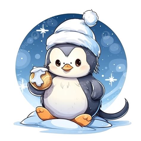 Cute Penguin Cartoon With Christmas Hat Fishing With Christmas Ball