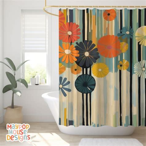 Retro Mid Century Modern Shower Curtain Orange Teal Beige Bathroom