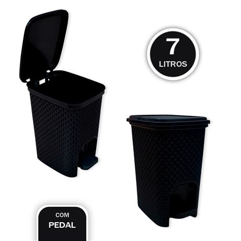 Lixeira Cesto Pedal Litros Tampa Preto Rattan Casa Escrit Rio