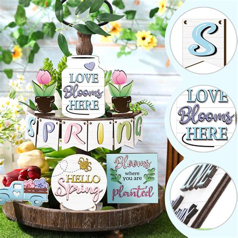 Hello Spring Flower Tiered Tray Decor Sign Truck Flower Bloom Spring