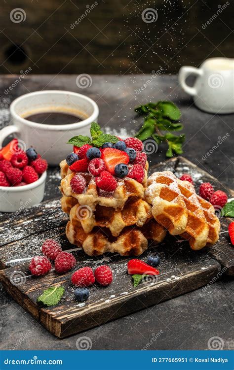 Berry Belgian Waffle With Raspberries Strawberries And Blueberries