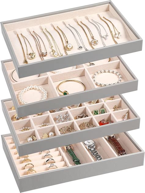 Amazon LANDICI Stackable Jewelry Organizer Trays 4 Set PU Leather