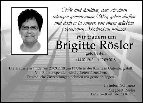 Traueranzeigen Von Brigitte R Sler Trauer Anzeigen De